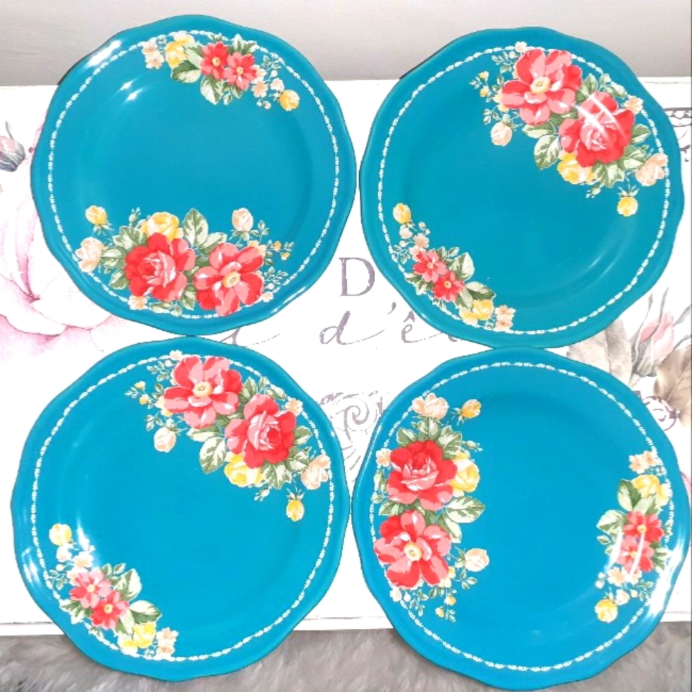 New! Pioneer Woman Vintage Floral Teal Stoneware 8.5" Salad Plate Set, Set of 4